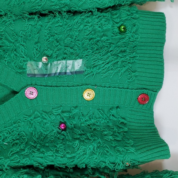 Women's Fuzzy Long Sleeve Button Cardigan With Ornament Details ~ Green - Picture 5 of 12